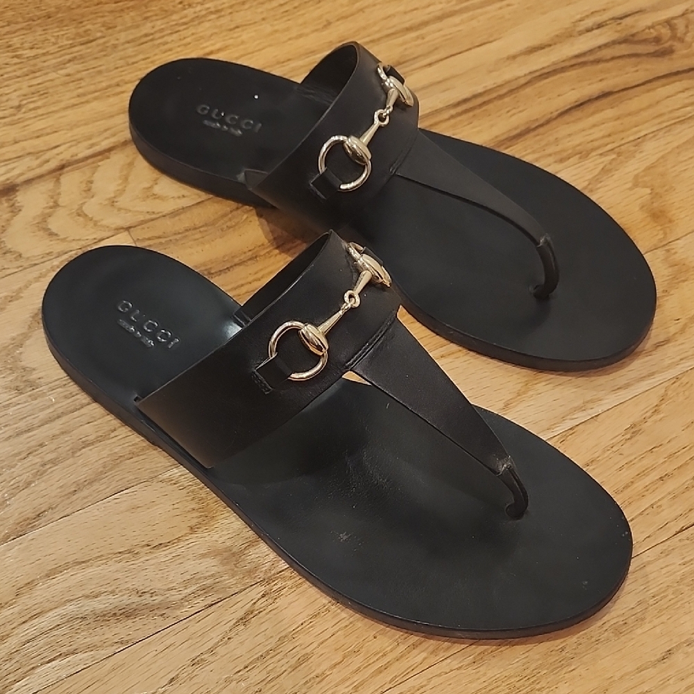 Gucci Black Sandals with Gold Hardware